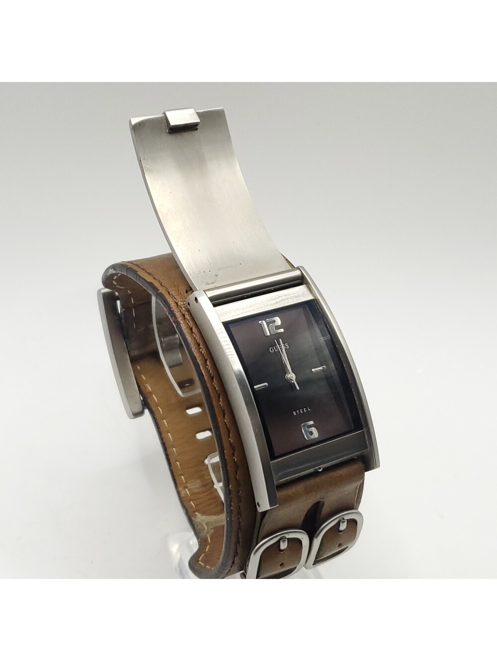 Guess Steel Hidden Mens Watch 28mm Rectangle Brown Dial New Battery